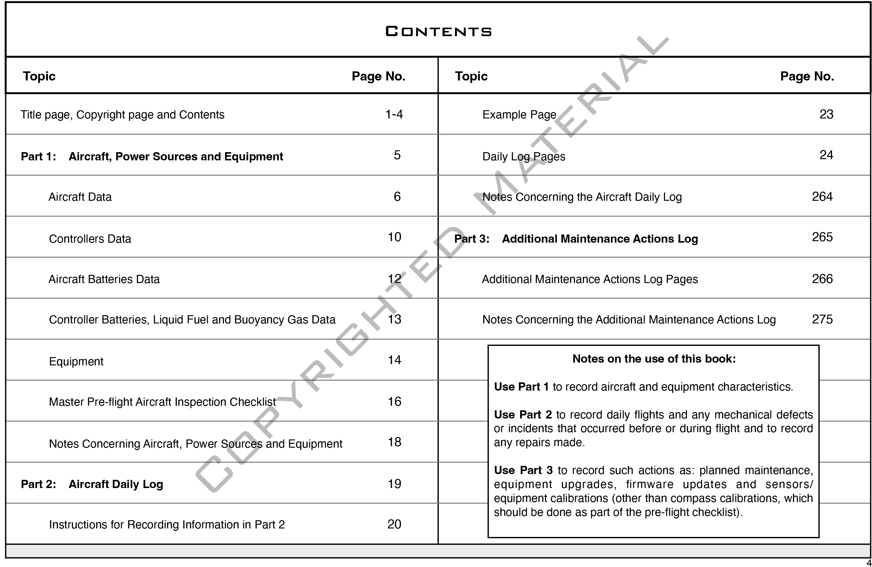 UAV Aircraft Log Pro Contents