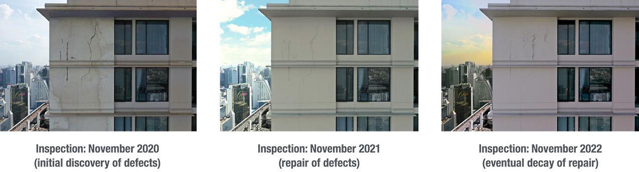 Three-picture comparison of building damage over three years.